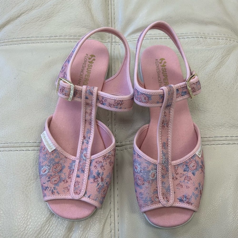 Superga LOVESHACKFANCY Pink Floral T-Strap Sandals